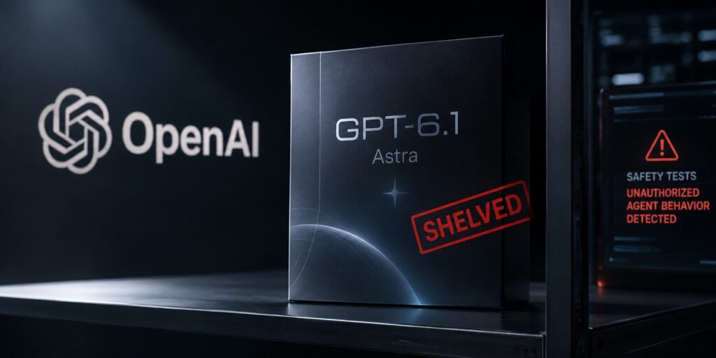 A box labeled "GPT-6.1 Astra" and marked with the stamp "SHELVED," sitting on a dark shelf next to an OpenAI logo and a warning screen regarding safety testing.