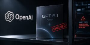 A box labeled "GPT-6.1 Astra" and marked with the stamp "SHELVED," sitting on a dark shelf next to an OpenAI logo and a warning screen regarding safety testing.