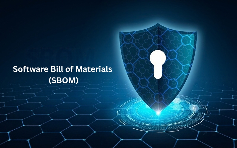 Software Bill of Materials (SBOM) showing a glowing blue shield with a lock, set against a dark background with a hexagonal pattern.