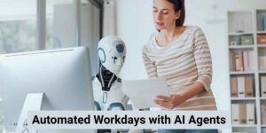 Humanoid AI robot assisting a businesswoman with document review at a office desk, representing AI agents automating workdays