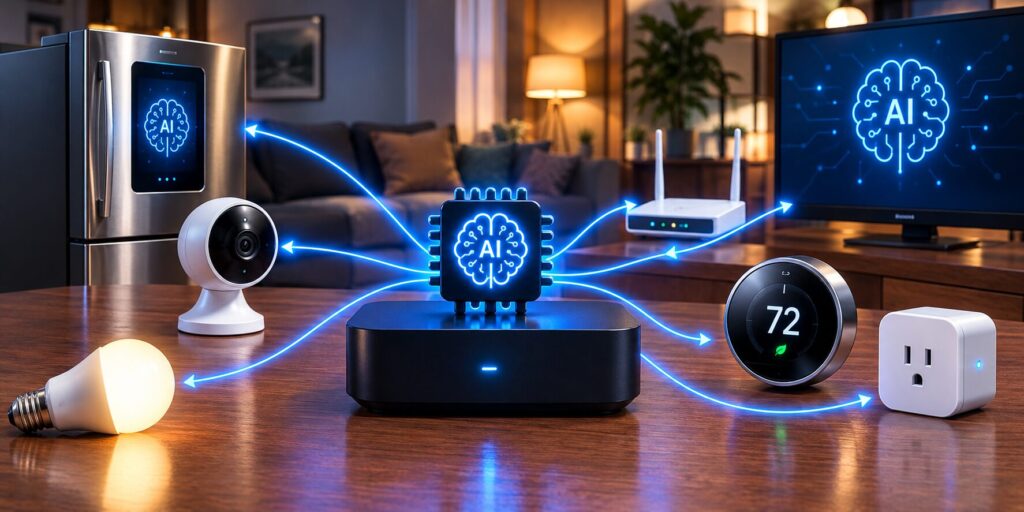 Realistic smart home with a central AI chip connected to a smart TV, security camera, refrigerator, router, thermostat, light bulb, and smart plug through glowing blue network connections.
