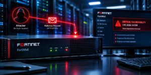 FortiMail Fortinet vulnerability showing an attacker sending malicious HTTP/HTTPS requests to the FortiMail server, with critical vulnerability alerts displayed on the monitoring screen.