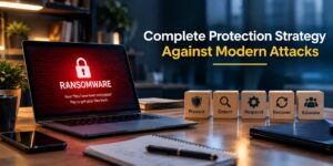 Ransomware warning on laptop beside Prevent, Detect, Respond, Recover, Educate blocks – ransomware defense strategy
