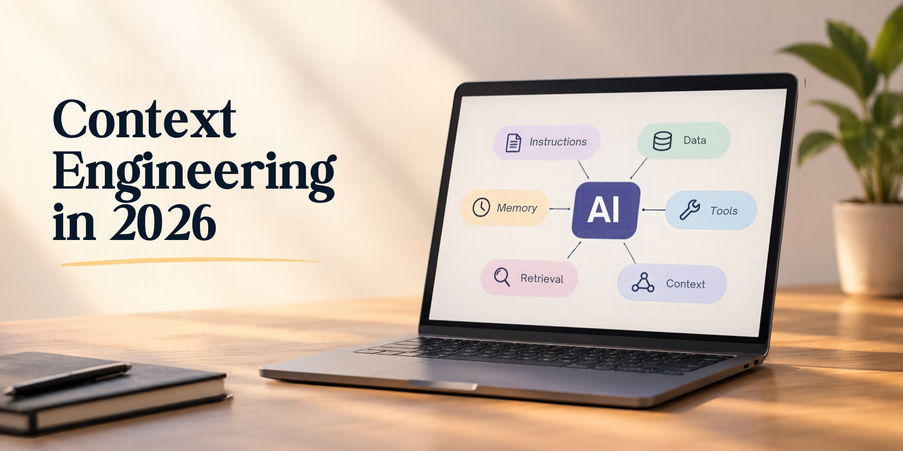 Laptop illustrating context engineering with AI, instructions, data, memory, tools, and knowledge retrieval.