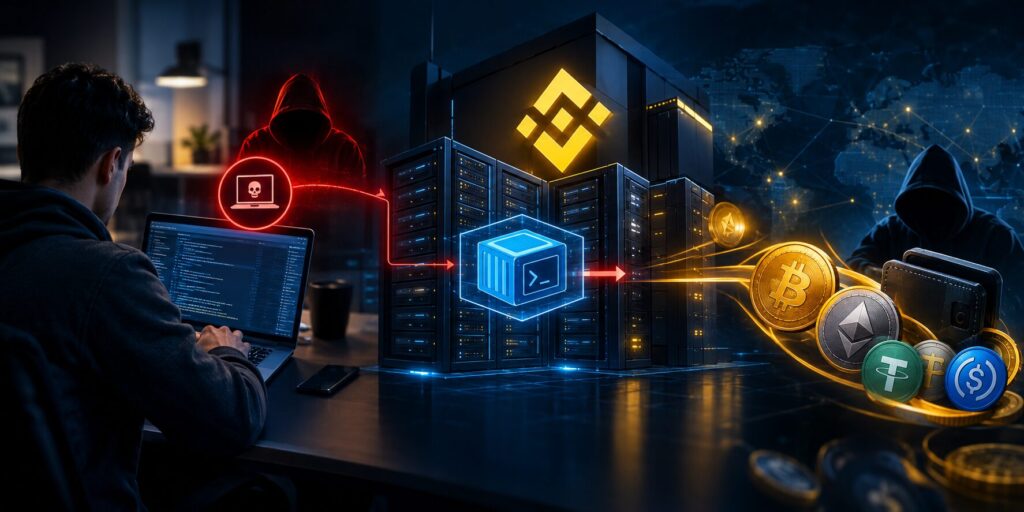 A cybersecurity hacker launching a crypto heist through compromised servers, showing a ransomware attack, malicious code, Binance exchange branding, and stolen cryptocurrencies including Bitcoin, Ethereum, Tether, and USD Coin.