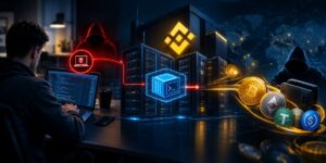 A cybersecurity hacker launching a crypto heist through compromised servers, showing a ransomware attack, malicious code, Binance exchange branding, and stolen cryptocurrencies including Bitcoin, Ethereum, Tether, and USD Coin.