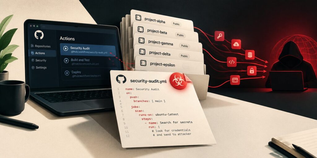 GhostAction GitHub supply-chain attack illustration showing a suspicious GitHub Actions workflow, compromised repositories, credential theft, and sensitive data being transferred to an attacker.