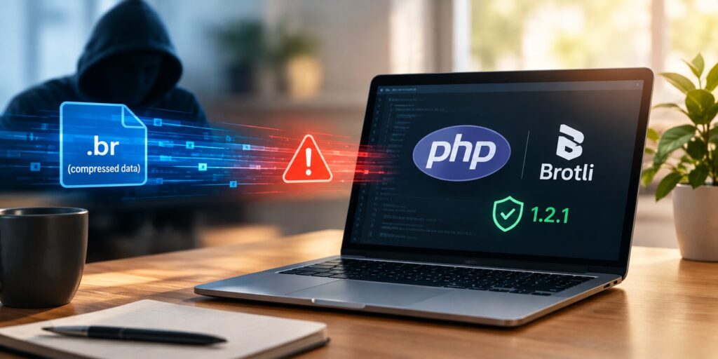 Realistic cybersecurity scene showing a laptop with PHP and Brotli, a vulnerable compressed data stream, a security warning, and Brotli 1.2.1 update indicating protection against CVE-2026-111497.