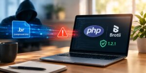 Realistic cybersecurity scene showing a laptop with PHP and Brotli, a vulnerable compressed data stream, a security warning, and Brotli 1.2.1 update indicating protection against CVE-2026-111497.