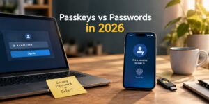 Laptop displaying a password sign-in screen beside a smartphone showing passkey authentication with Touch ID, illustrating the comparison between passwords and passkeys in 2026.
