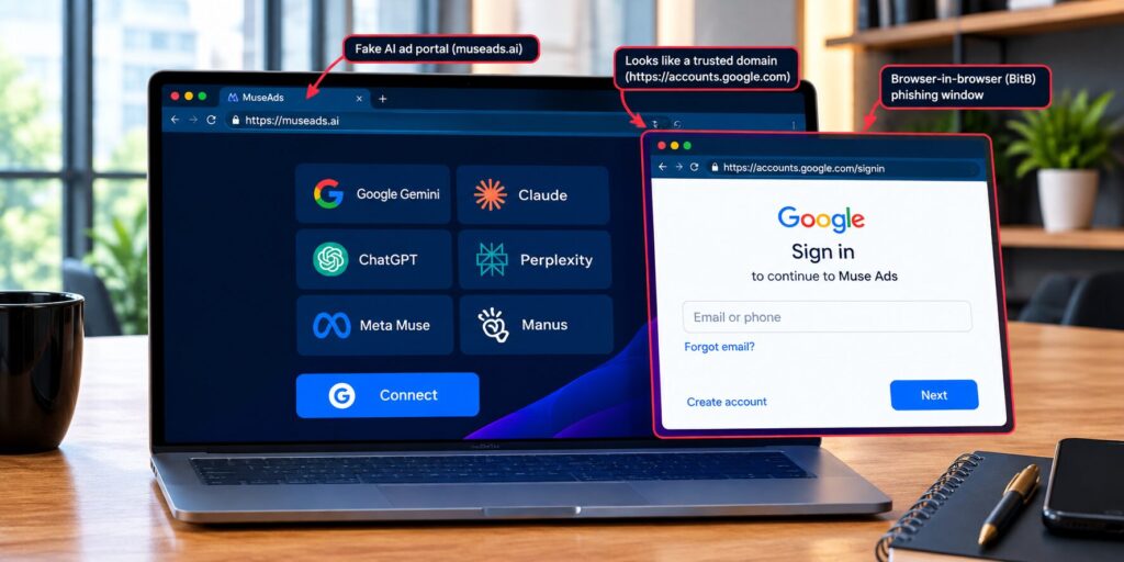Fake AI website displaying a browser-in-browser phishing window designed to steal Google login credentials.