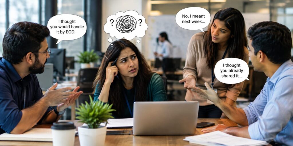 Unclear communication at work shown in an office meeting where four colleagues sit and stand around a laptop, speaking at cross purposes. One man says he thought the task would be handled by end of day, another woman says she meant next week, and a man on the right says he thought it was already shared. The visibly confused woman in the center holds a pen to her head, with a tangled scribble thought bubble and question marks above her.