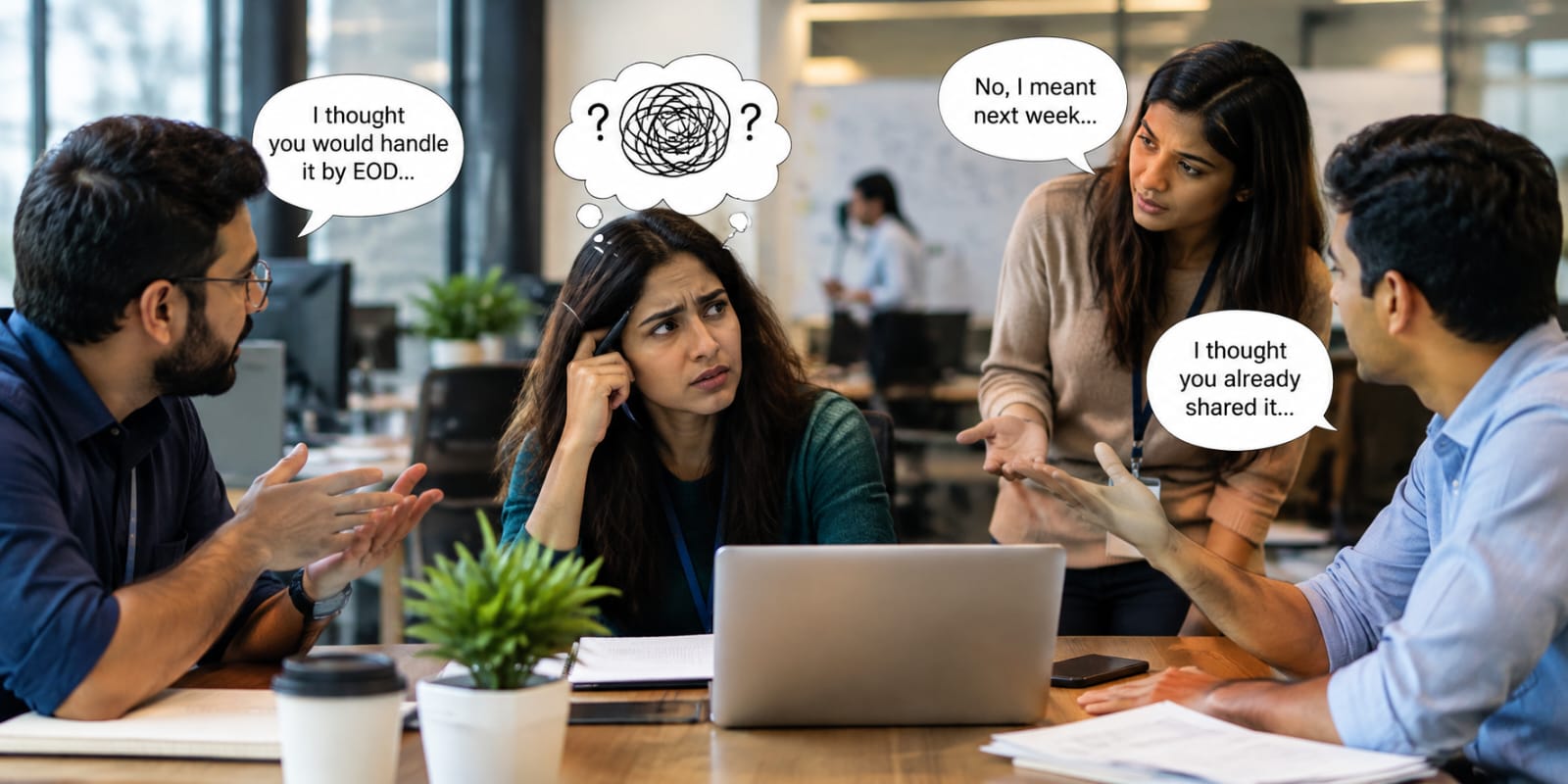 Unclear communication at work shown in an office meeting where four colleagues sit and stand around a laptop, speaking at cross purposes. One man says he thought the task would be handled by end of day, another woman says she meant next week, and a man on the right says he thought it was already shared. The visibly confused woman in the center holds a pen to her head, with a tangled scribble thought bubble and question marks above her.