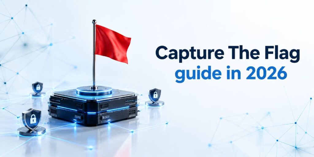 Red flag on a black server stack surrounded by padlock shield icons and glowing blue network lines, beside the text "Capture The Flag guide in 2026".