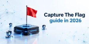 Red flag on a black server stack surrounded by padlock shield icons and glowing blue network lines, beside the text "Capture The Flag guide in 2026".