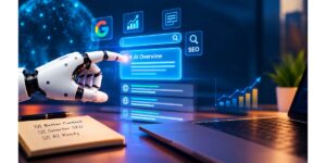 AI Overviews SEO illustration showing AI-powered search results, SEO analytics, and a robotic hand