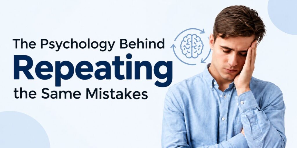 A stressed young man holding his head, with an illustration of a brain beside him, representing the psychology behind repeating the same mistakes.