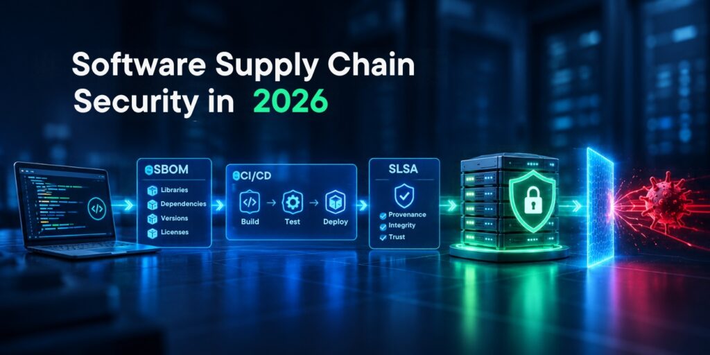 Software supply chain security flow from code to SBOM, CI/CD and SLSA, ending at a protected server that blocks a malware threat.