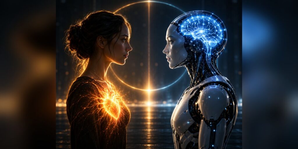 A woman and a humanoid AI robot face each other in a futuristic setting, symbolizing the connection between human emotions and artificial intelligence.