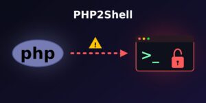 PHP2Shell vulnerability diagram showing a PHP logo connected by a red warning arrow to a terminal window with an open padlock