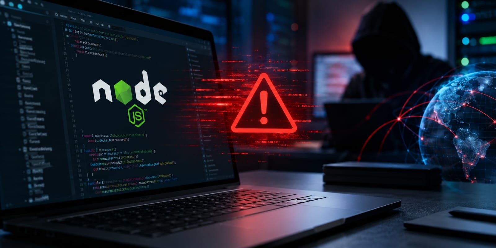 Node.js CVE-2026-111497 vulnerability illustrating a critical cybersecurity threat involving code execution and server security