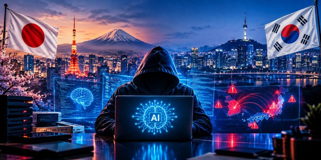 A hooded hacker using an AI-powered laptop with digital cyberattack maps and warning signals, against a cityscape representing Japan and South Korea.