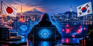 A hooded hacker using an AI-powered laptop with digital cyberattack maps and warning signals, against a cityscape representing Japan and South Korea.