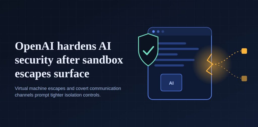 OpenAI AI security illustration showing isolated virtual machines and a covert cache-timing communication channel