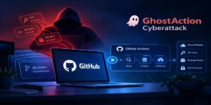 A cybersecurity illustration showing a hooded hacker targeting GitHub repositories through a GitHub Actions workflow, scanning, collecting, and exfiltrating sensitive credentials such as cloud tokens, API keys, package tokens, and CI/CD secrets.