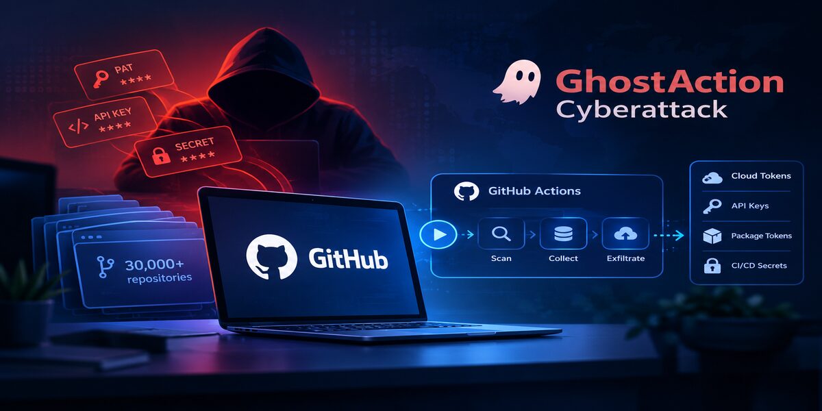 A cybersecurity illustration showing a hooded hacker targeting GitHub repositories through a GitHub Actions workflow, scanning, collecting, and exfiltrating sensitive credentials such as cloud tokens, API keys, package tokens, and CI/CD secrets.