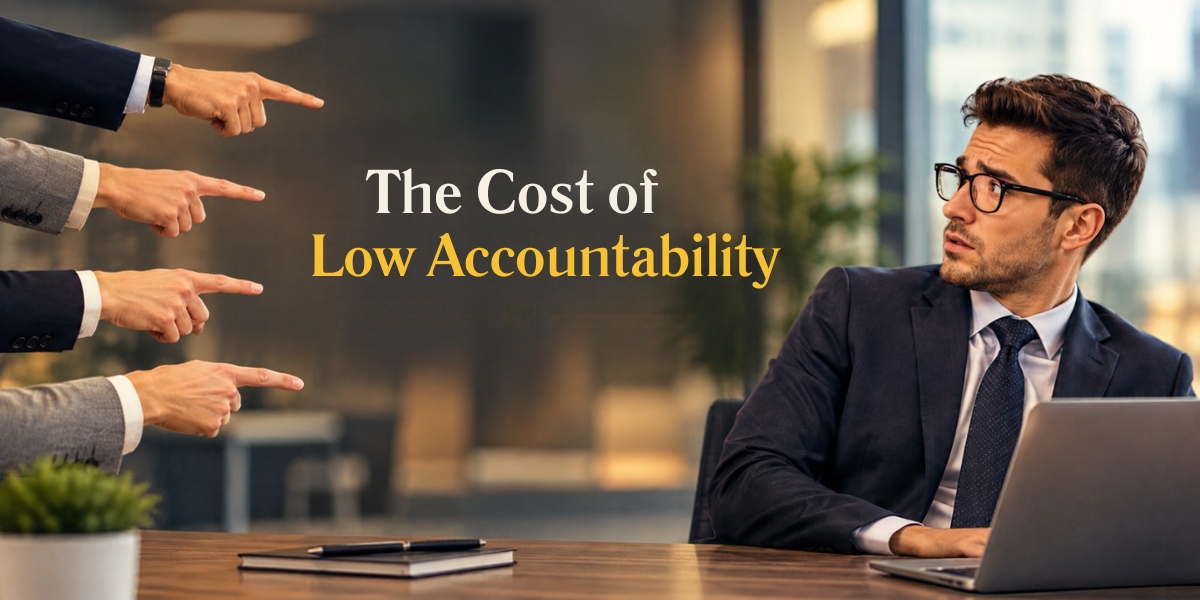 Businessman looking worried as several colleagues point fingers at him, illustrating the cost of low accountability